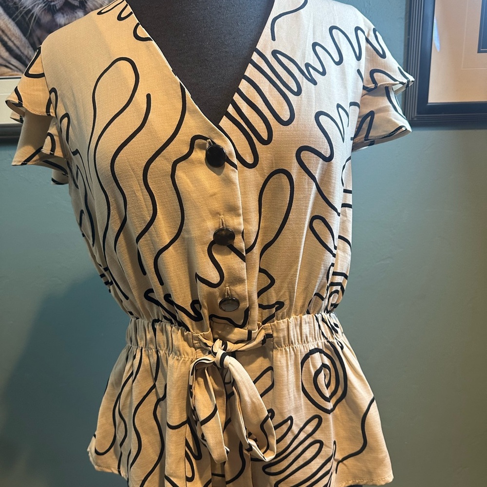 Sweet Rain Cream Ivory Black Design Flutter Sleeve Blouse Waist Tie Size Large